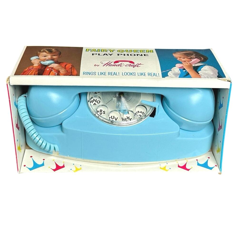 Vintage toy play rotary phone NEW in box light blue Handi Craft Fairy Queen 8x3